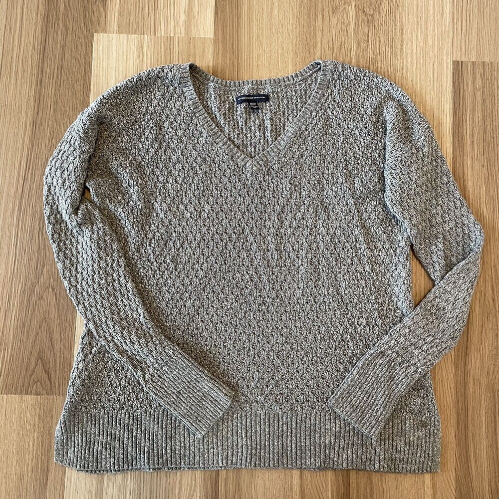American Eagle Women’s XS Open Weave Sweater V-Neck Gray Cozy Granola Grandma
